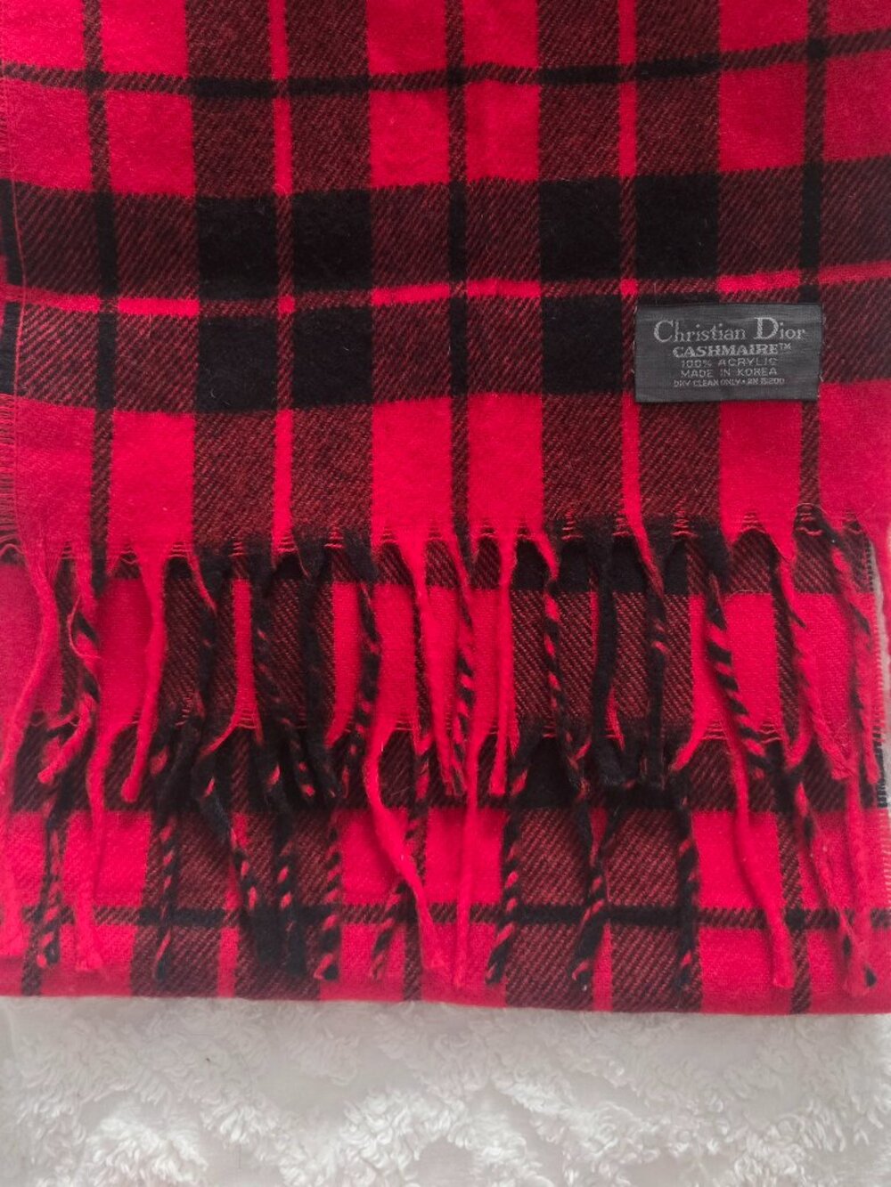 Vintage Christian Dior Plaid Scarf Red Black Buffalo Check Fringe Wool Cashmere